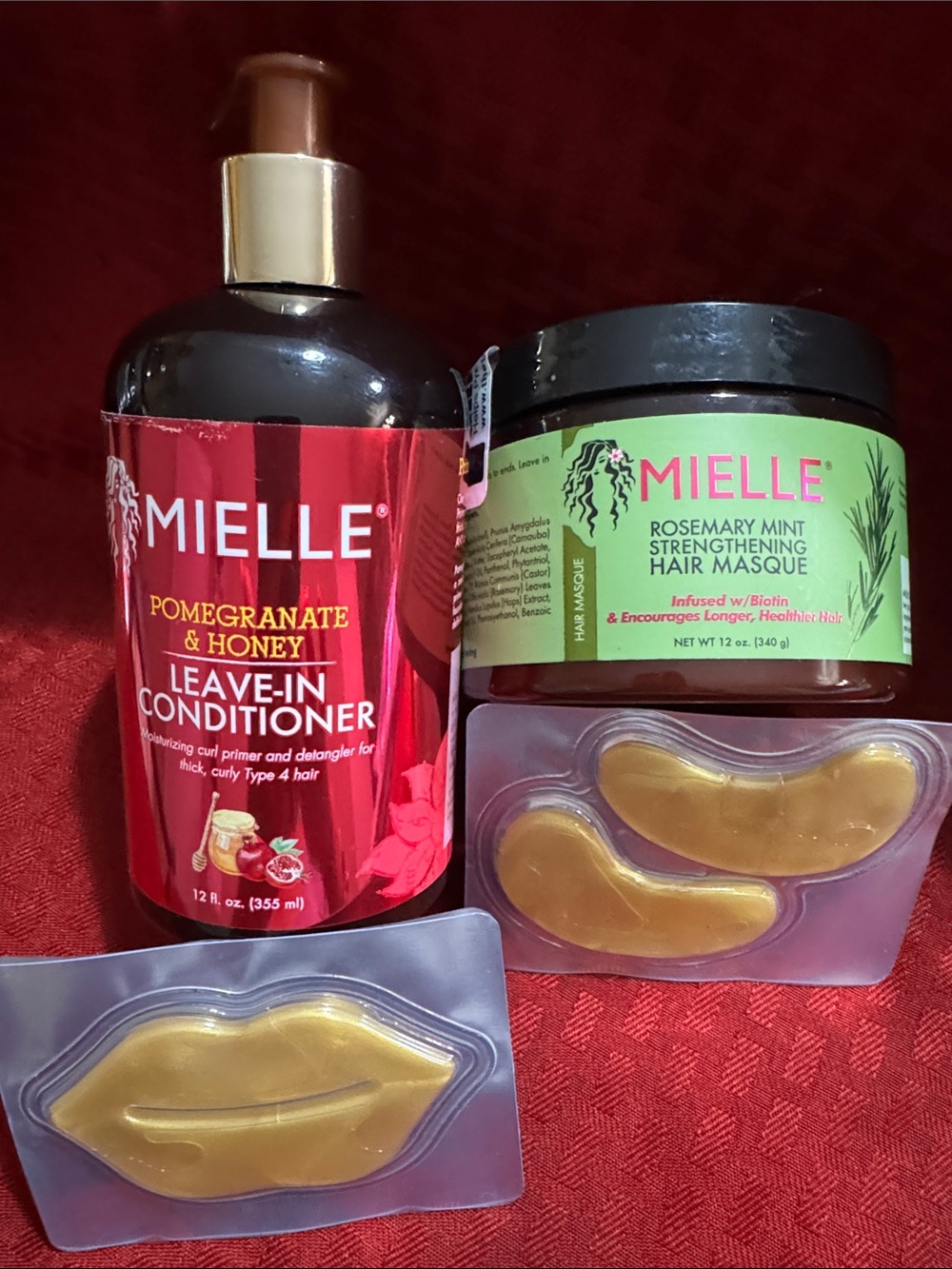 Mielle Leave-In Conditioner, gold gel eye & lip patches and Mielle hair mask